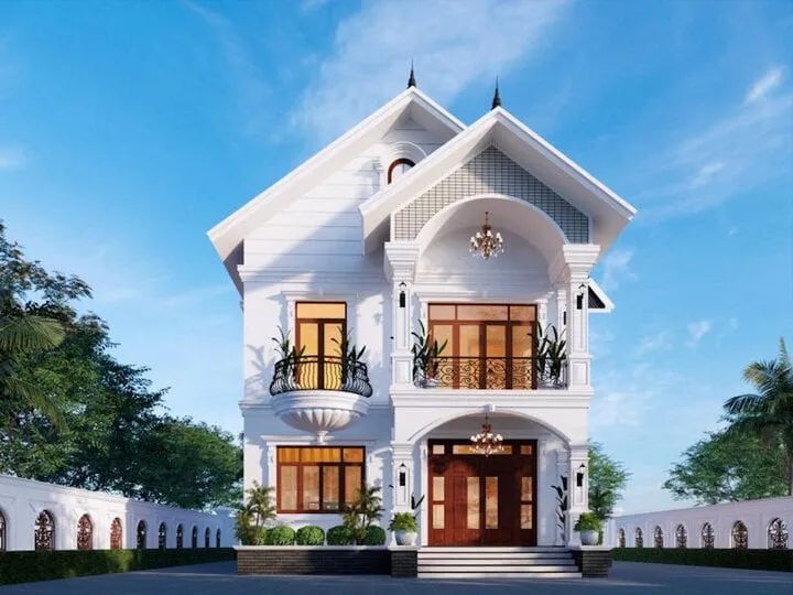 nhà mái Thái 2 tầng màu trắng 