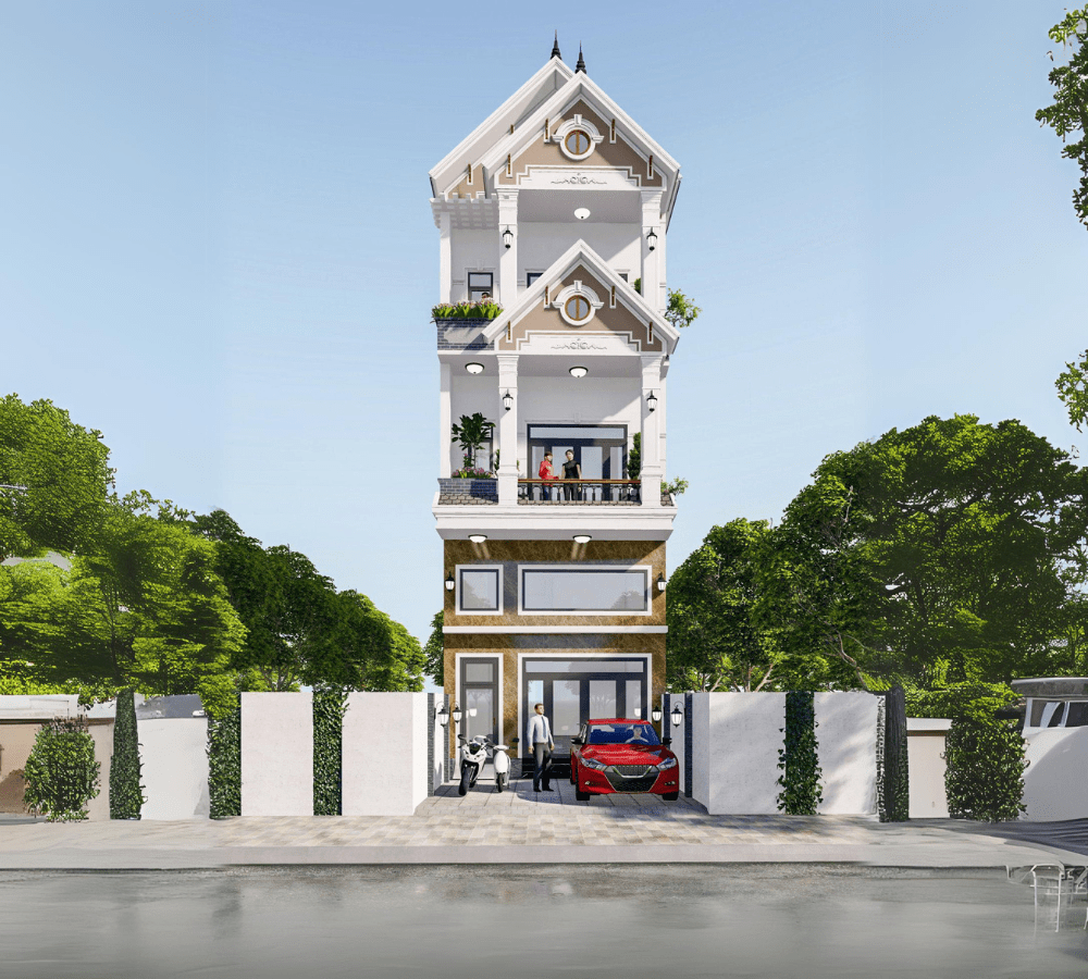 nhà ống đẹp 3 tầng 5m kết hợp gạch ốp tường