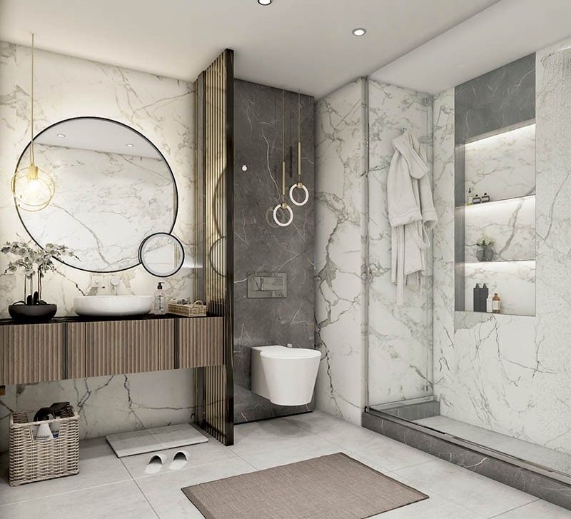 Nhà vệ sinh lát gạch marble với trần thạch cao
