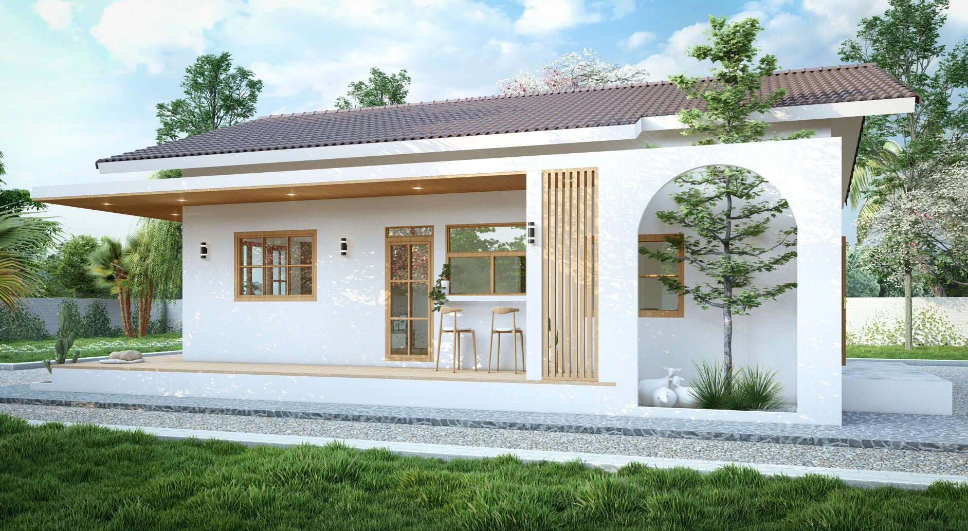 Mẫu nhà vườn cấp 4 nông thôn với mái ngói đẹp tông màu trắng