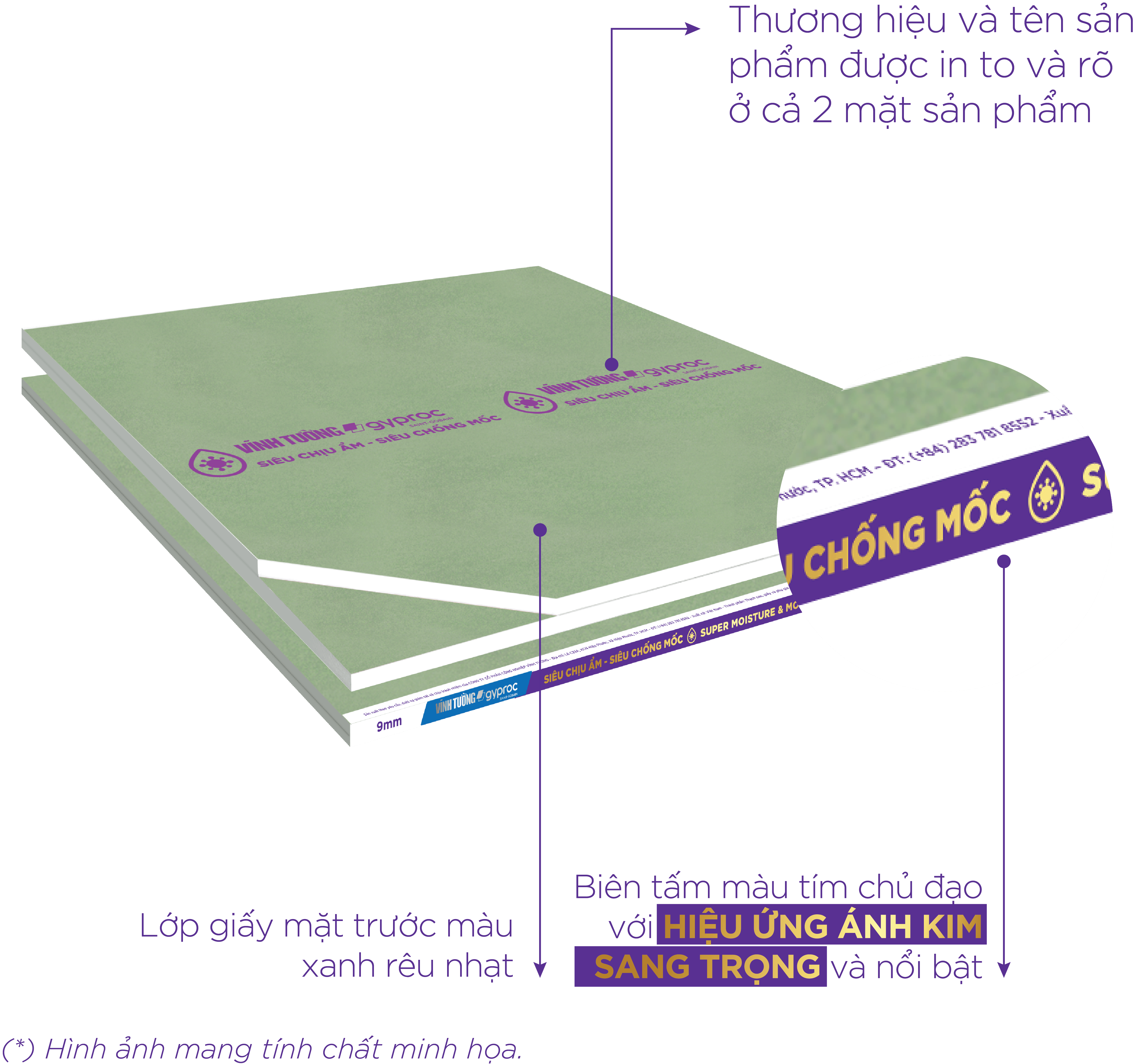 Nhận diện mặt trước và biên tấm thạch cao siêu chịu ẩm - siêu chống mốc