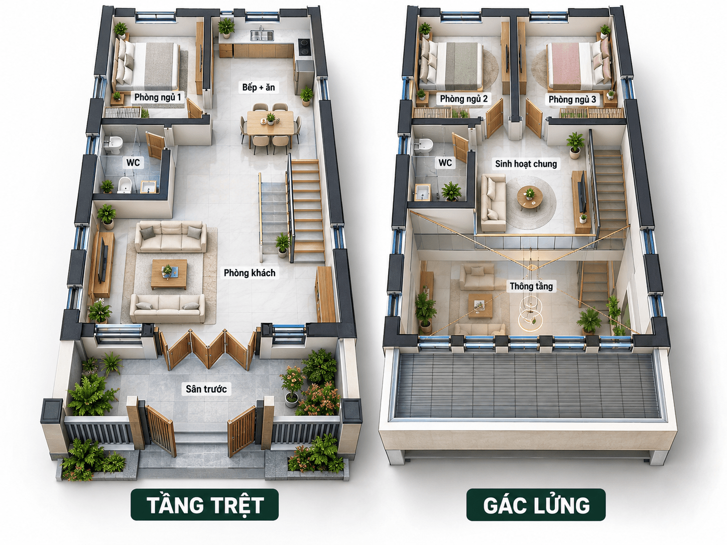 Phối cảnh 3D bản vẽ nhà gác lửng 3 phòng ngủ 500 triệu tham khảo