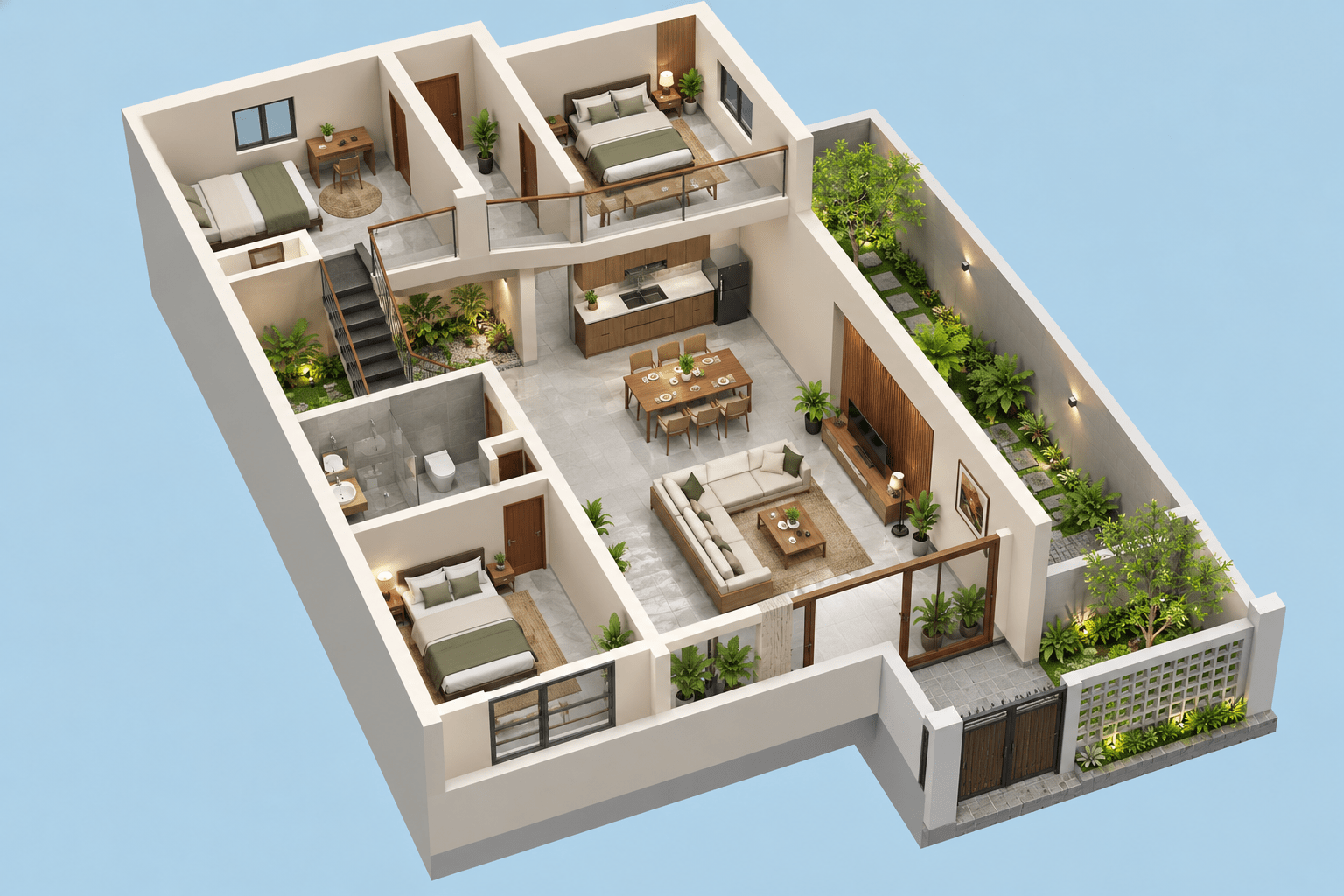 Phối cảnh 3D mẫu nhà gác lửng 3 phòng ngủ có sân vườn giúp hình dung rõ cách bố trí phòng chức năng và không gian ngoài trời thoáng đãng