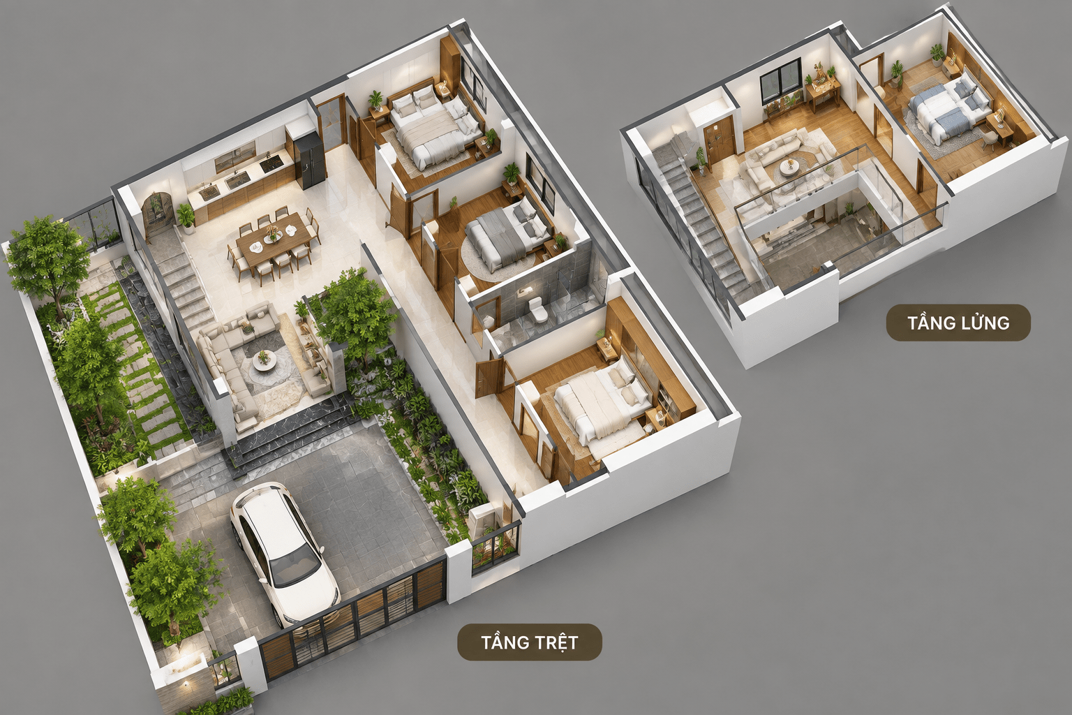 Phối cảnh 3D nhà gác lửng chữ L giúp gia chủ hình dung rõ mặt bằng tầng trệt và tầng lửng trong tổng thể công trình