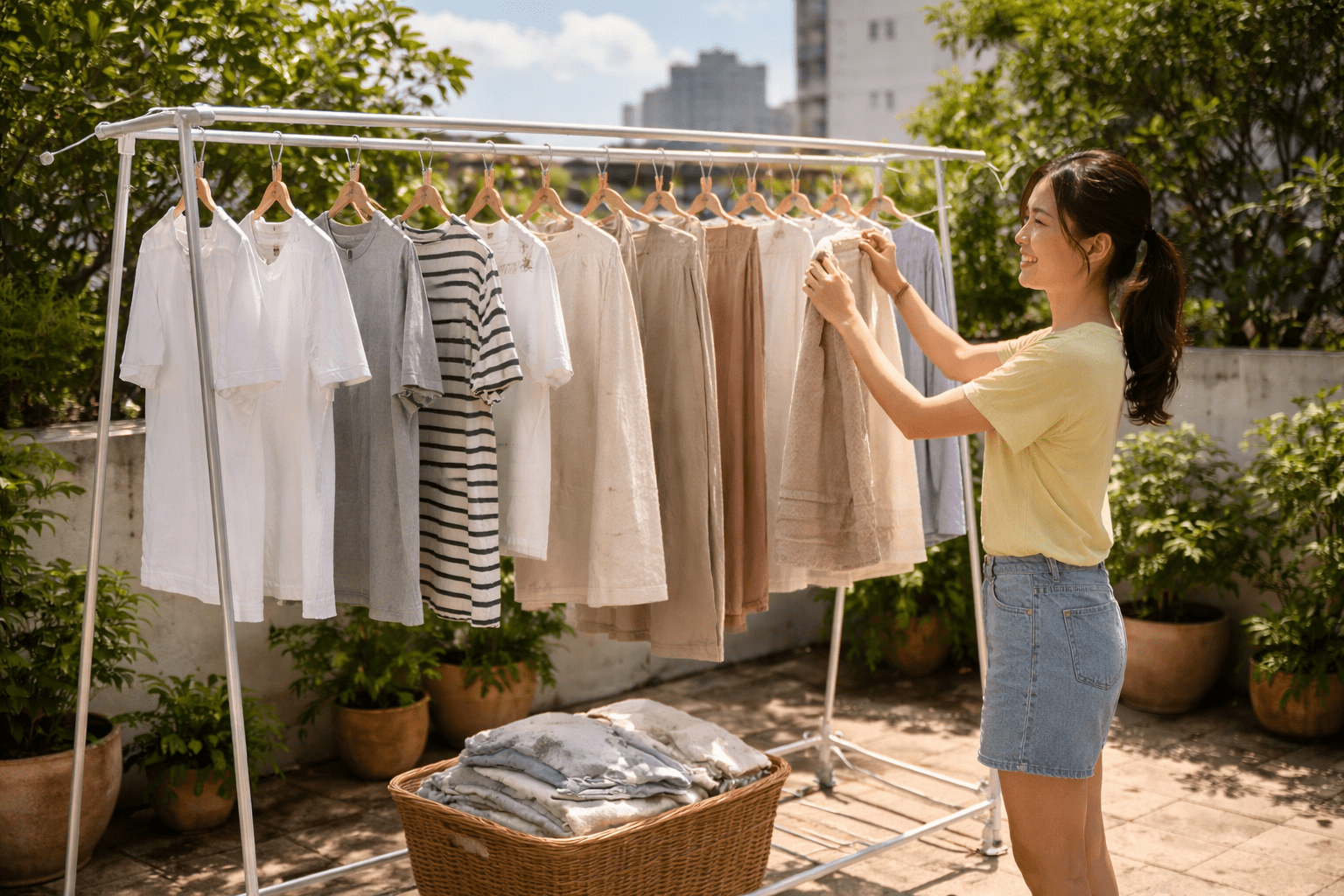 Phơi quần áo với ánh nắng mặt trời và gió tự nhiên 