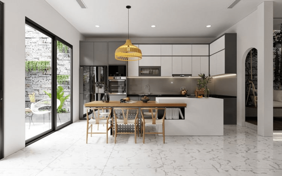 Phòng bếp đẹp cho nhà ống 5m với thiết kế trần thạch cao phẳng tạo cảm giác rộng rãi