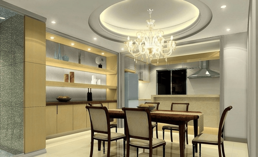 Phòng bếp nhà ống 5m đơn giản, điểm xuyết với trần thạch cao hình tròn và đèn chùm độc đáo