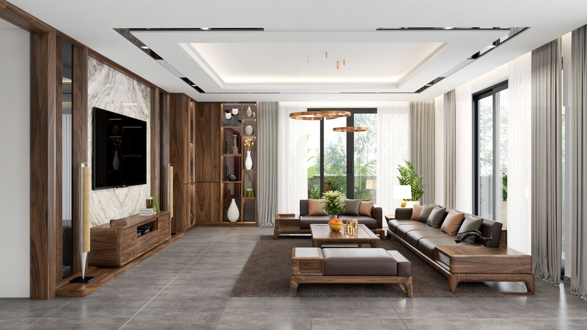 Kết hợp hài hòa giữa ánh sáng tự nhiên và hệ thống đèn giúp tăng tính thẩm mỹ cho không gian phòng khách