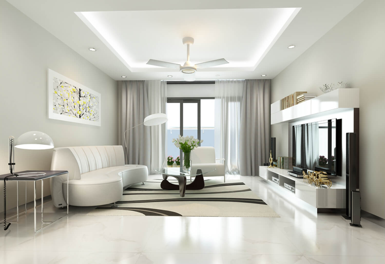 Mẫu thiết kế phòng khách đẹp, hiện đại với gam màu trắng chủ đạo