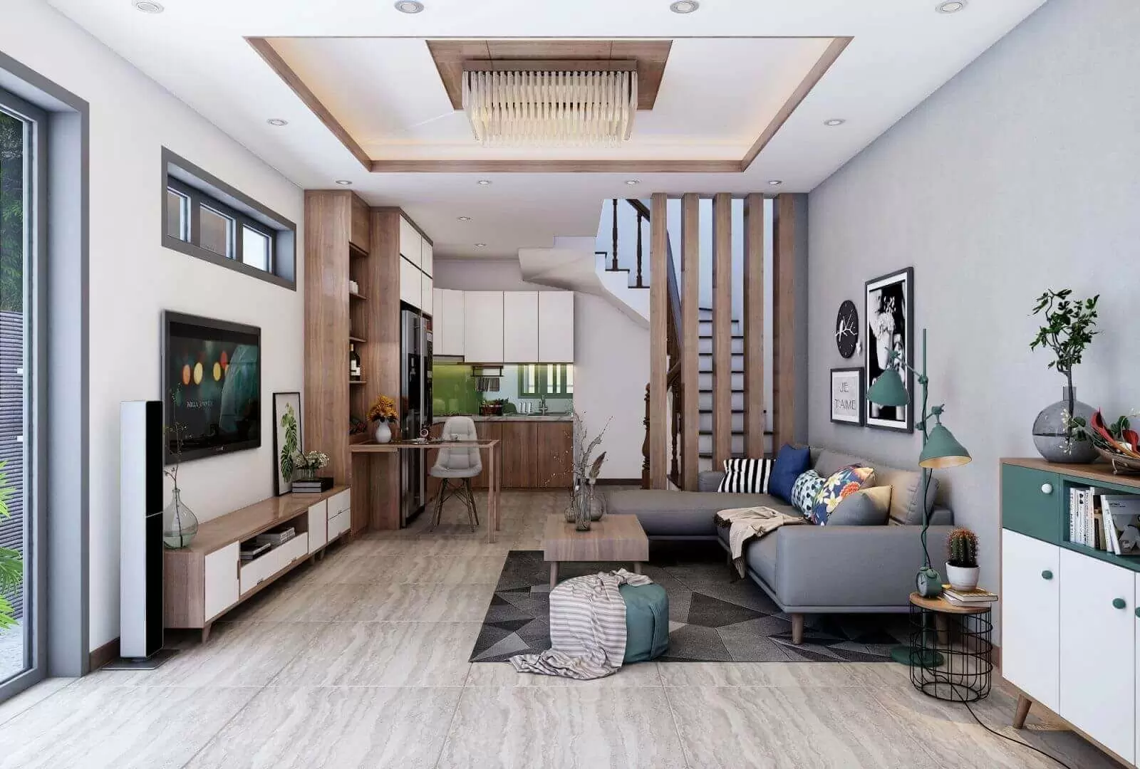 Mẫu phòng khách nhà phố hiện đại, tối giản và tiện nghi 