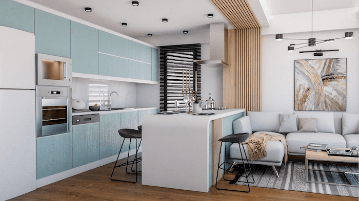 Mẫu phòng khách liền bếp 20m2 cho chung cư với tông màu xanh độc đáo