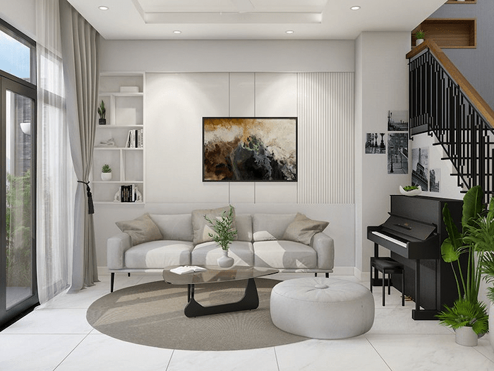 Mẫu thiết kế nội thất phòng khách nhà ống đơn giản với tông màu trắng chủ đạo