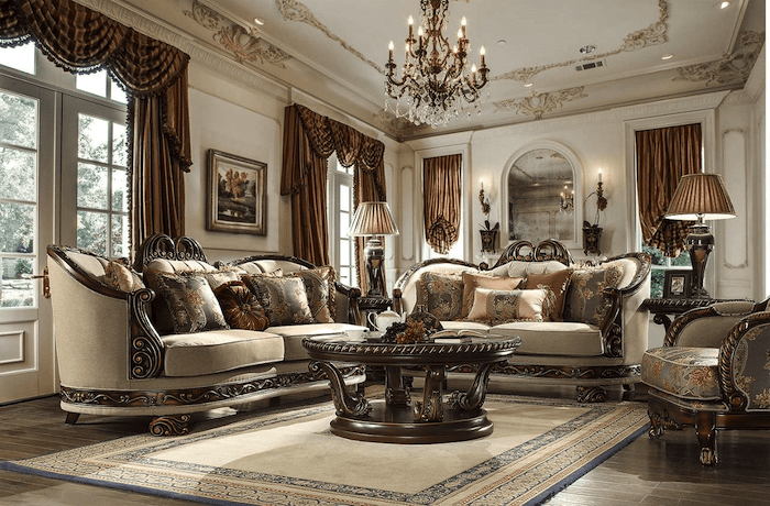 Thiết kế phòng khách nhà ống phong cách cổ điển hoàng gia