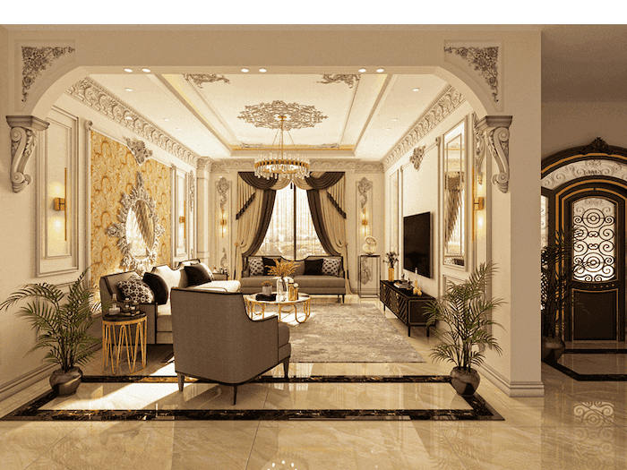 Thiết kế phòng khách nhà ống phong cách cổ điển với tông vàng ấm cúng