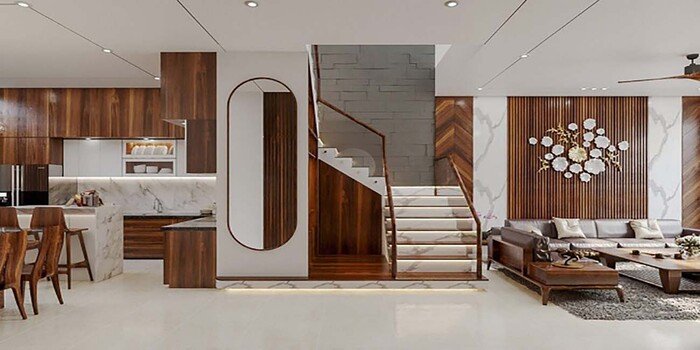 Mẫu thiết kế cầu thang giữa phòng khách và bếp
