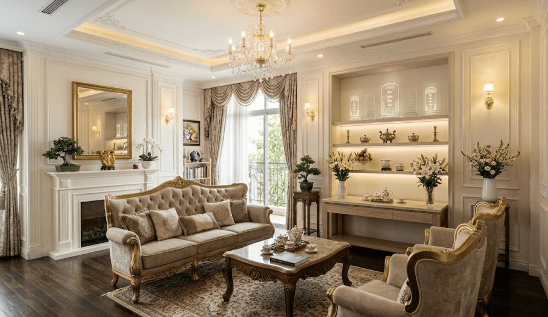Phòng khách tân cổ điển có bàn thờ trang trọng