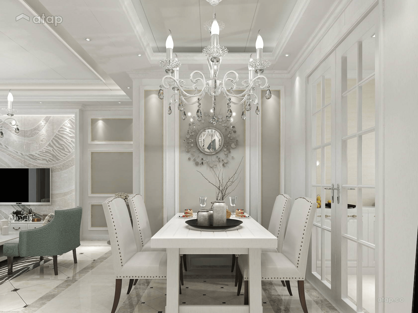 Phòng khách tân cổ điển đơn giản với tone trắng hiện đại