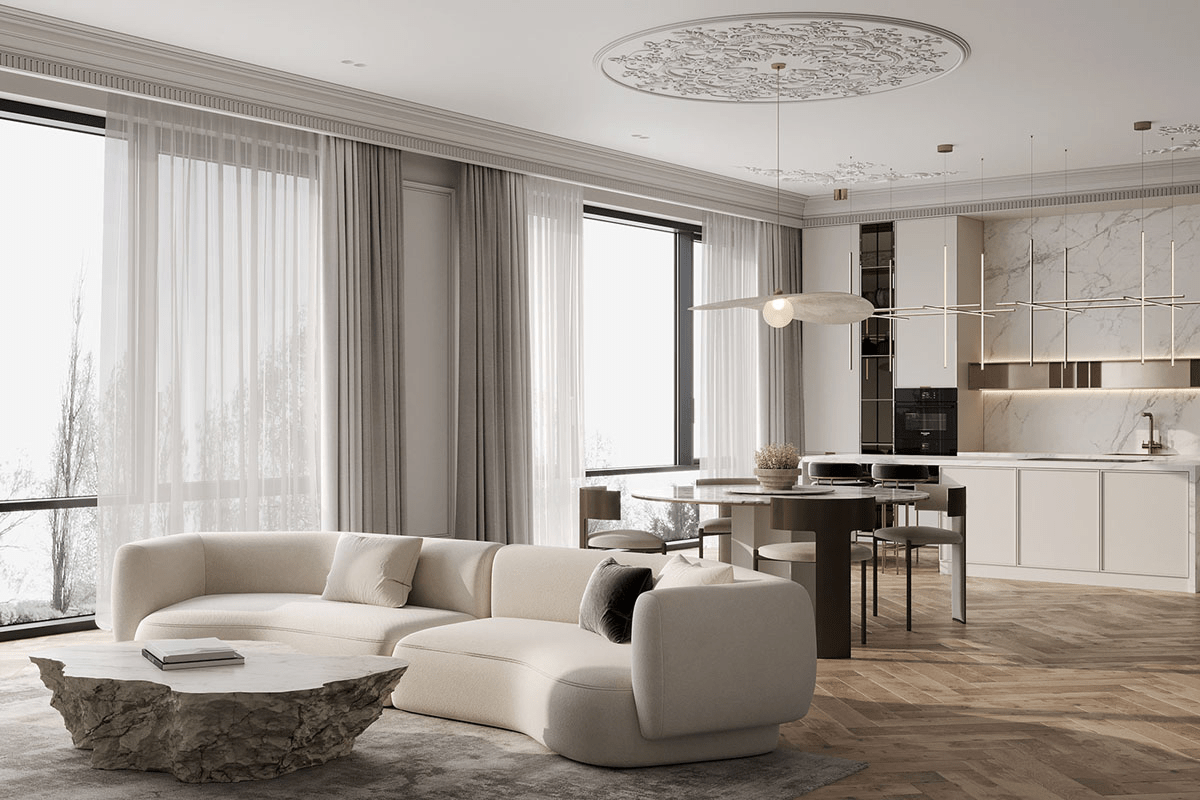 Phòng khách tân cổ điển liền bếp rộng rãi