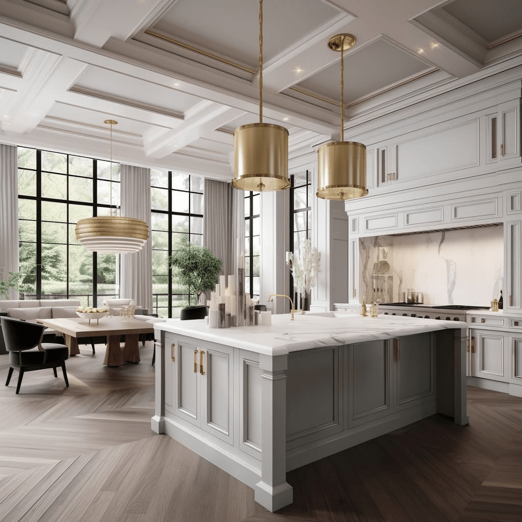 Phòng khách tân cổ điển liền bếp thông thoáng