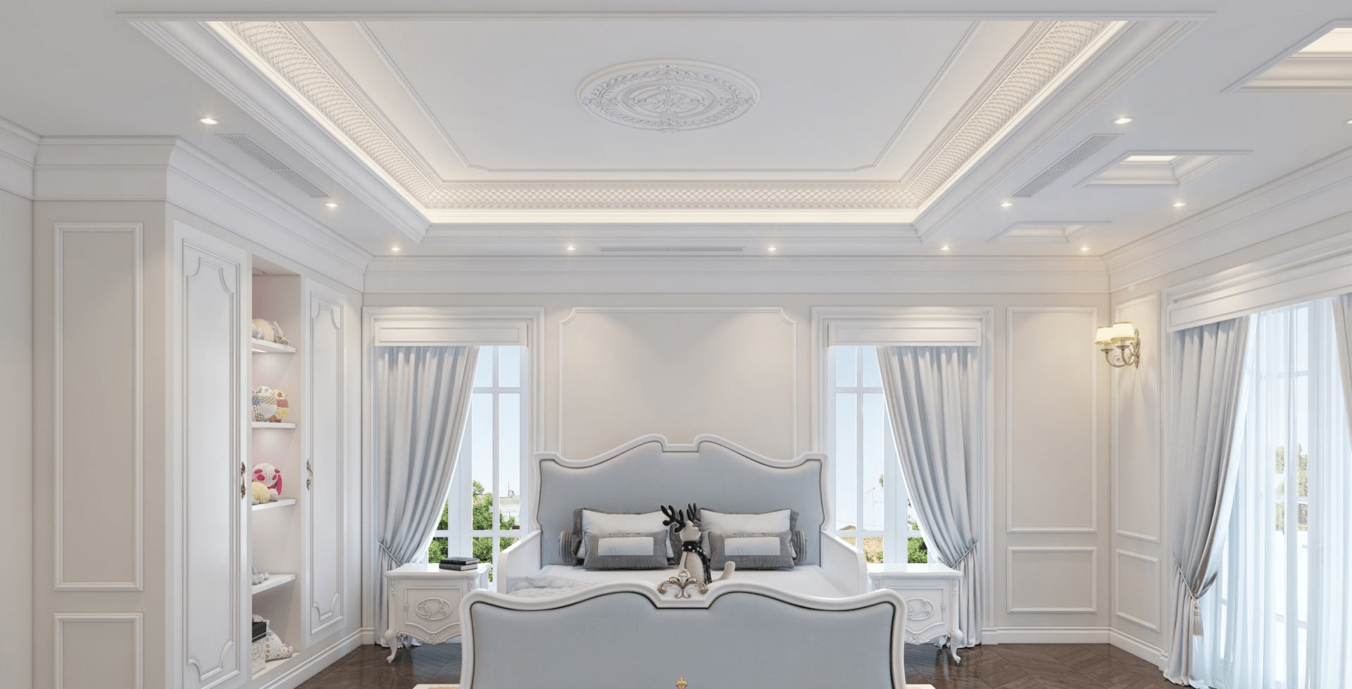Mẫu trần thạch cao phòng ngủ 20m2 đẹp, tổng thể màu trắng khiến căn phòng rộng rãi hơn