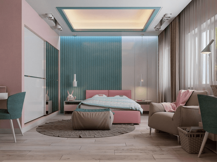 Phòng ngủ đẹp cho nữ với sự kết hợp sắc hồng và xanh bắt mắt