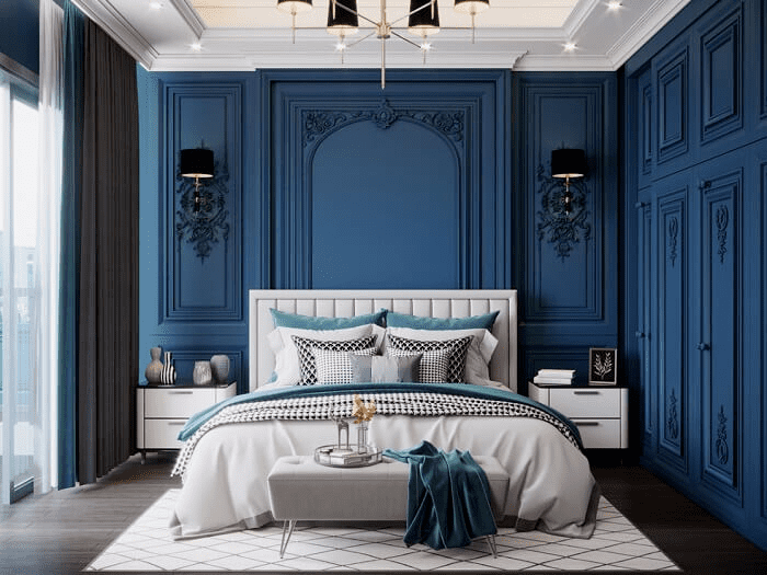 Mẫu phòng ngủ đẹp cho nữ màu xanh theo phong cách cổ điển