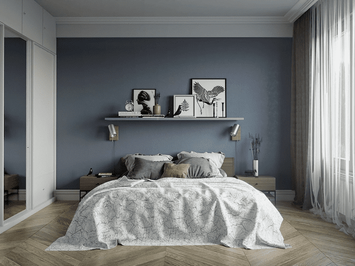 Thiết kế phòng ngủ cho nữ với gam màu xanh xám ấm áp