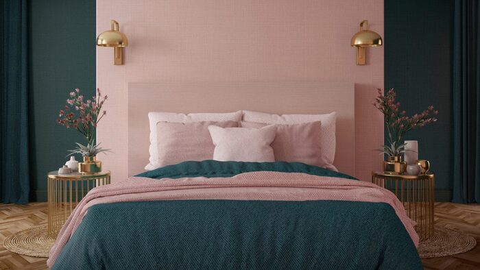 Mẫu phòng ngủ màu hồng đẹp với sự tương phản màu sắc