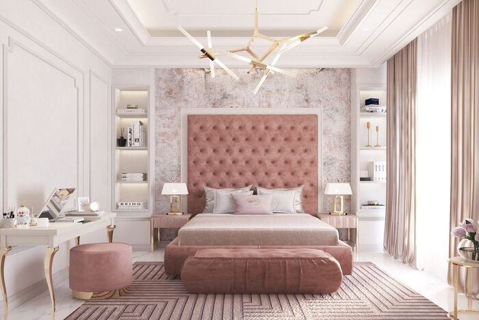 Mẫu phòng ngủ màu hồng phong cách tân cổ điển