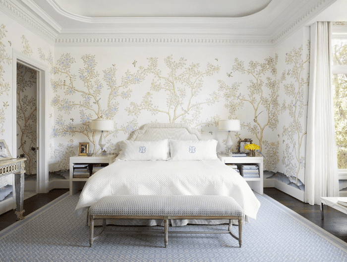 Mẫu thiết kế phòng ngủ tân cổ điển với giấy dán tường nổi bật 