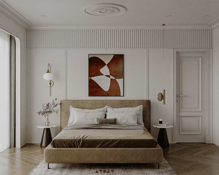 Mẫu phòng ngủ tân cổ điển đơn giản với thiết kế trần giật cấp kín