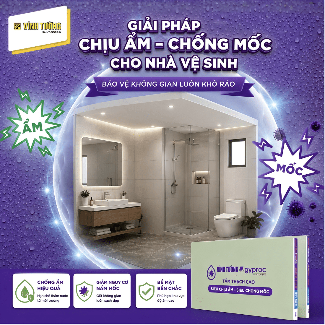 Sử dụng giải pháp trần thạch cao chịu ẩm, chống mốc giúp không gian phòng vệ sinh sạch sẽ, thông thoáng