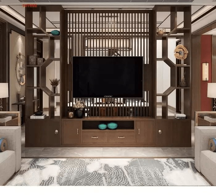 Tấm chắn trang trí phòng khách nhỏ 15m2 có ngăn tủ lưu trữ phụ kiện, đồ trang trí