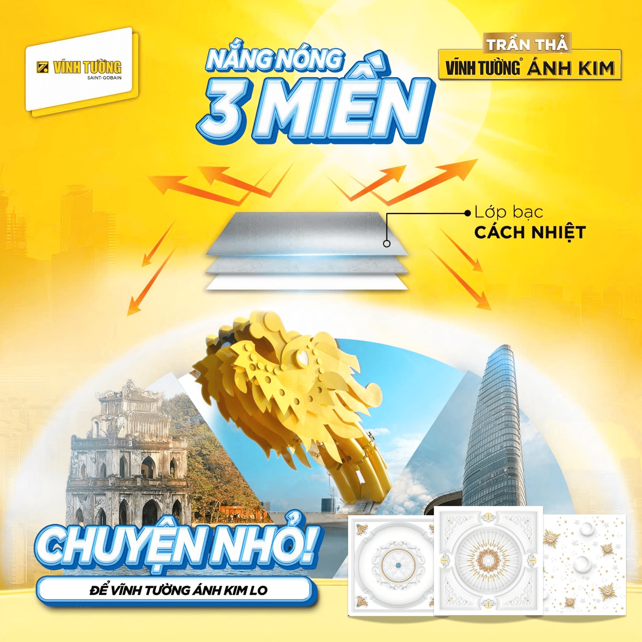 Tấm la phông Vĩnh Tường Ánh Kim với cấu trúc 3 lớp cộng hưởng giúp giảm nhiệt độ bên dưới mái đến 5°C