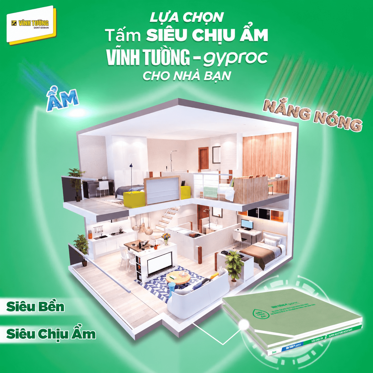 Tấm thạch cao Siêu Chịu Ẩm cho không gian thẩm mỹ tối ưu