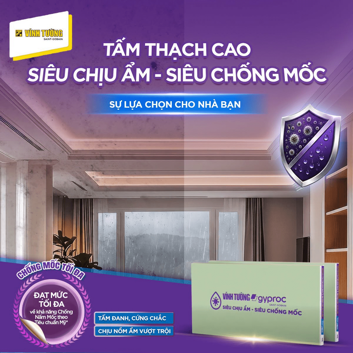 Tấm thạch cao Siêu Chịu Ẩm - Siêu Chống Mốc Vĩnh Tường