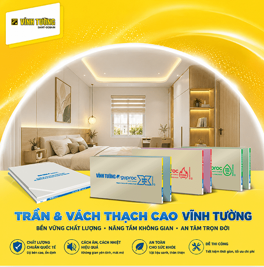 Tấm thạch cao Vĩnh Tường có trọng lượng nhẹ, chống võng tốt, giữ trần chắc chắn theo năm tháng