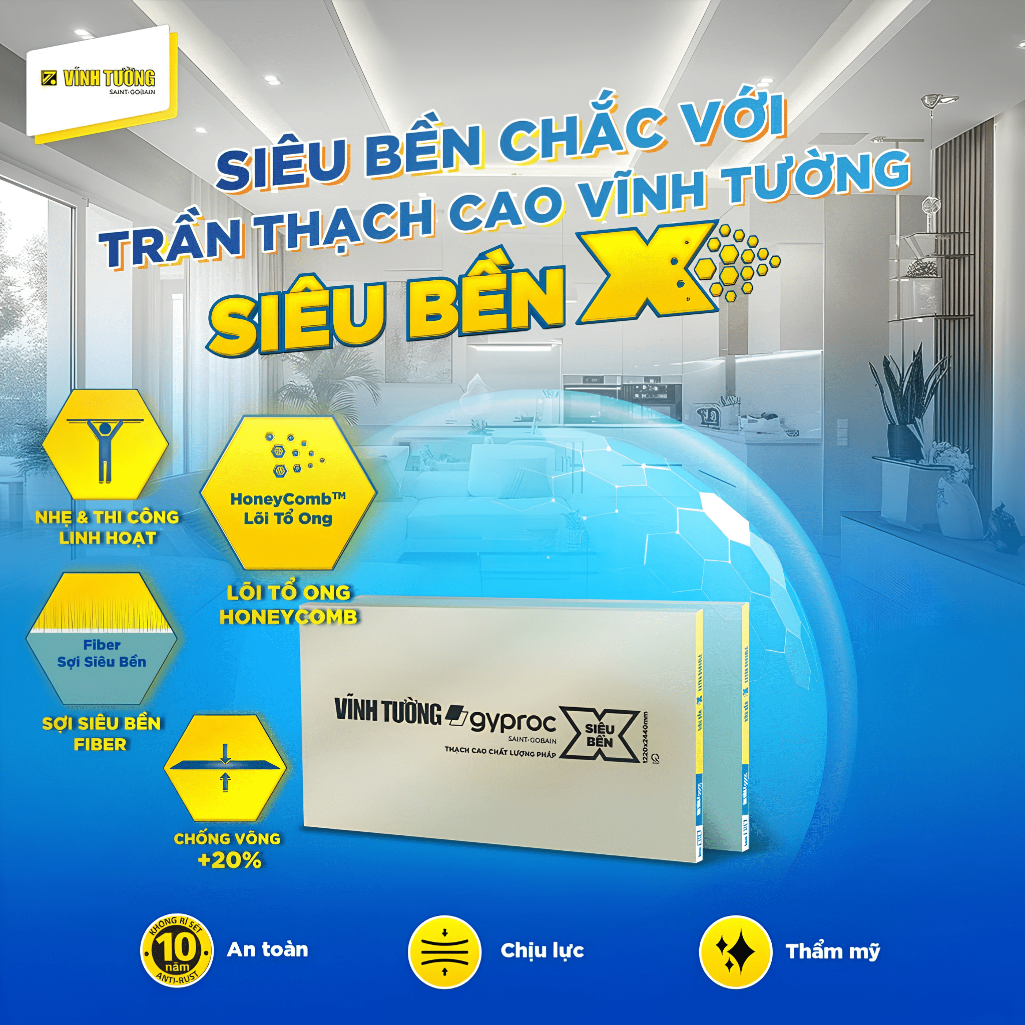 Tấm thạch cao Vĩnh Tường Siêu Bền X an toàn, chịu lực, thẩm mỹ cao