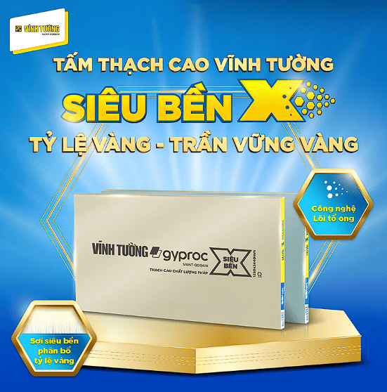 Tấm thạch cao Vĩnh Tường Siêu Bền X có trọng lượng nhẹ, chống võng tốt, giữ trần chắc chắn theo năm tháng 