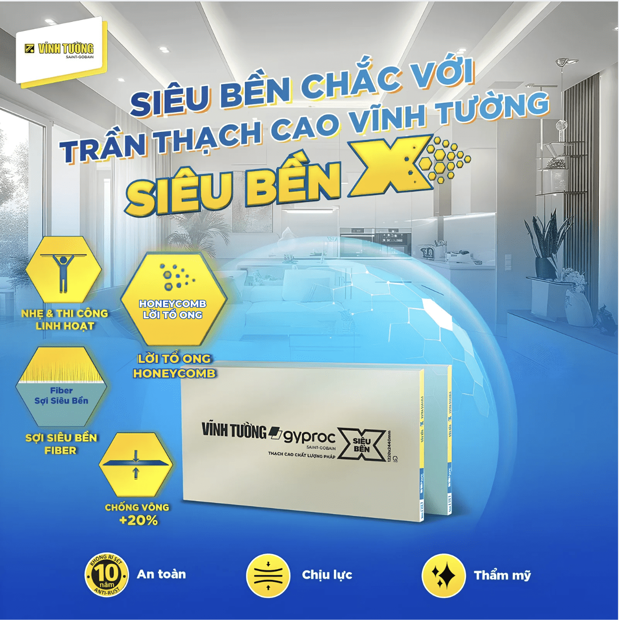 Tấm thạch cao Vĩnh Tường Siêu Bền X có trọng lượng nhẹ, chống võng tốt, giữ trần chắc chắn theo năm tháng