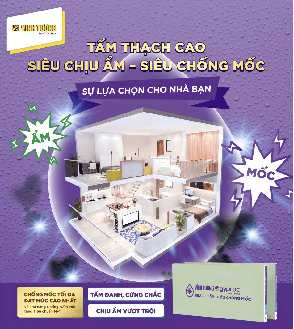 Tấm thạch cao Vĩnh Tường siêu chịu ẩm - siêu chống mốc là giải pháp tối ưu cho trần, vách trong mùa mưa bão