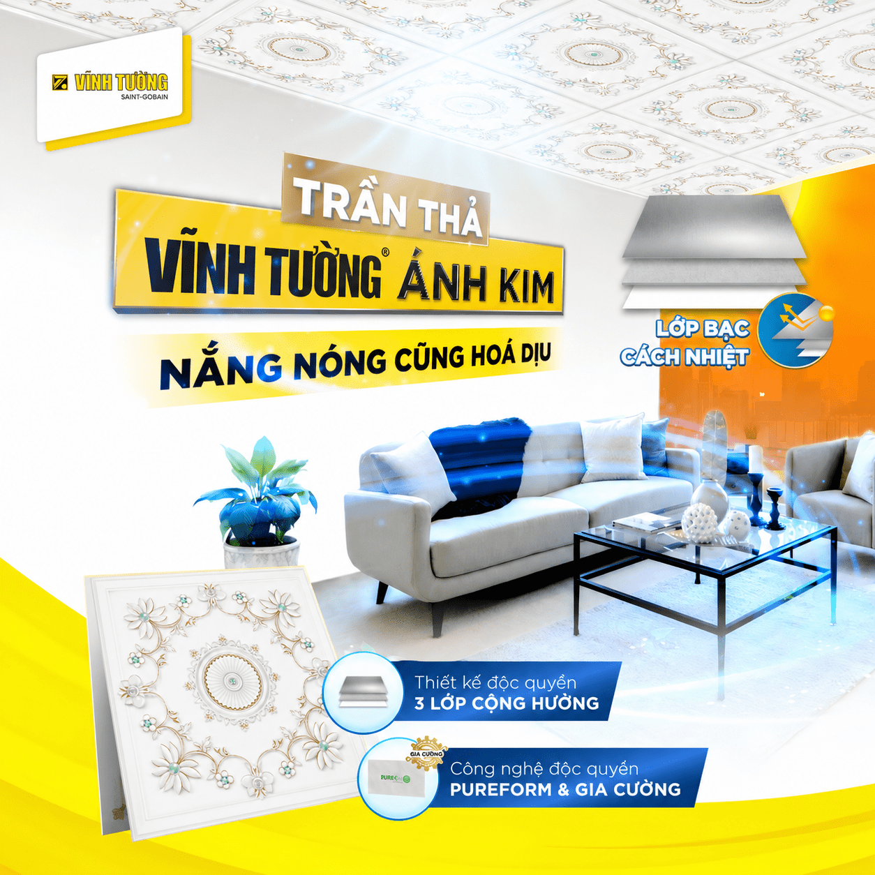 Tấm trần thả Vĩnh Tường Ánh Kim cho không gian đẹp - mát - bền