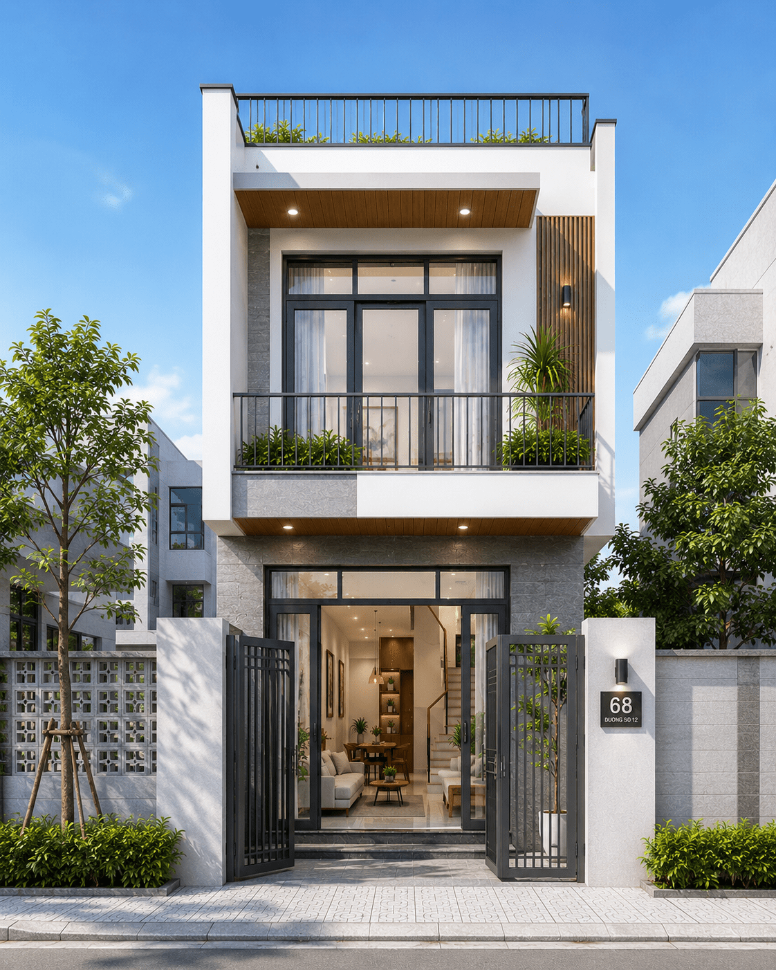 Thiết kế nhà 2 tầng 3 phòng ngủ 50m2 với mái bằng hiện đại