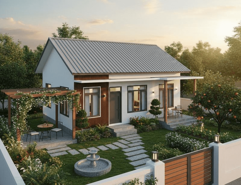 Thiết kế nhà cấp 4 mái tôn kết hợp sân trước lát gạch và tiểu cảnh cây xanh