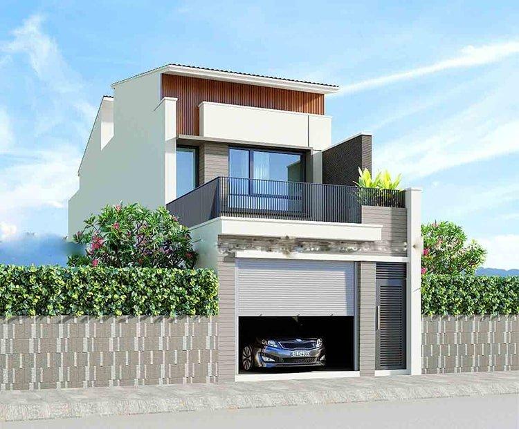 Thiết kế nhà ống 2 tầng mặt tiền 5m có phòng bếp đẹp và gara rộng
