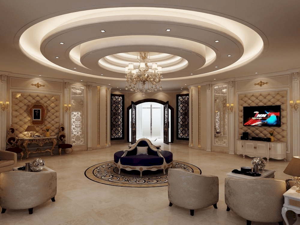 trần thạch cao chìm kết hợp với đèn chùm 