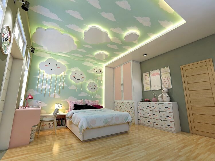 Mẫu trần thạch cao phòng ngủ trẻ em hình ảnh mây trời
