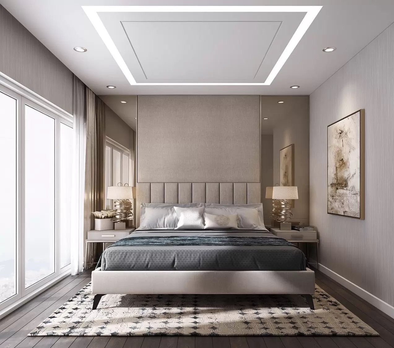 Mẫu trần thạch cao chung cư đẹp, hiện đại tối giản cho phòng ngủ tone trắng, xám