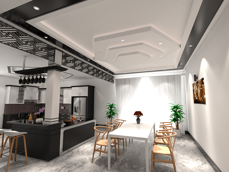 Mẫu trần thạch cao có hoạ tiết ấn tượng cho phòng bếp nhà chung cư