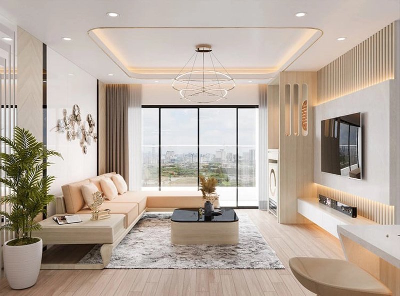 Mẫu trần thạch cao chìm chung cư đẹp tone màu be vàng ấm cúng 